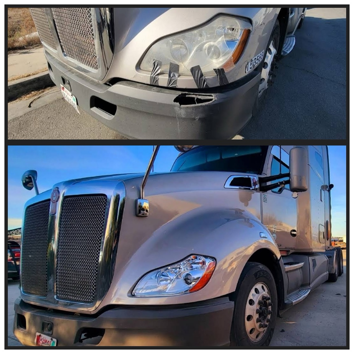 Broken truck bumper before and refinished after