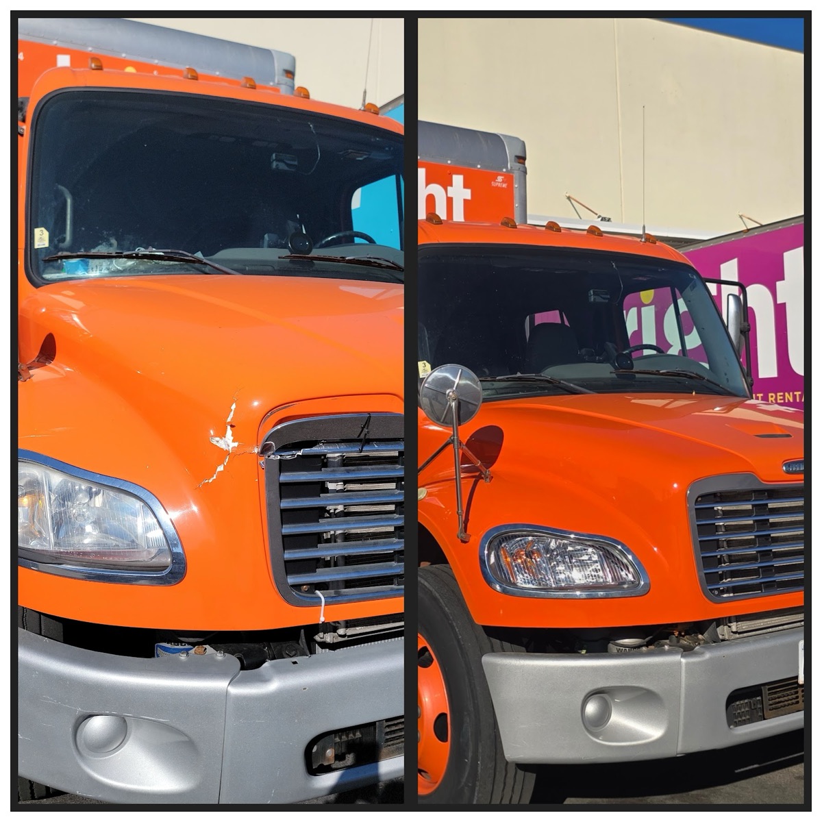 Cracked orange truck hood before and repaired after
