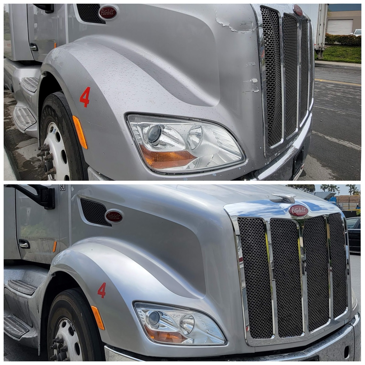 Peterbilt hood and fender damage before and repaired after