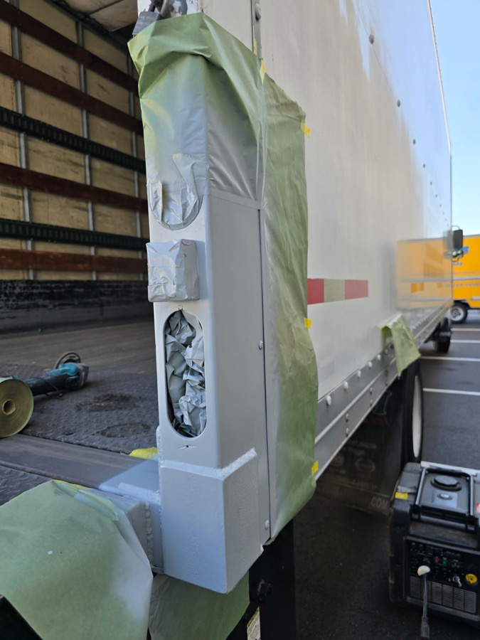 Box truck corner post reinforced and primed